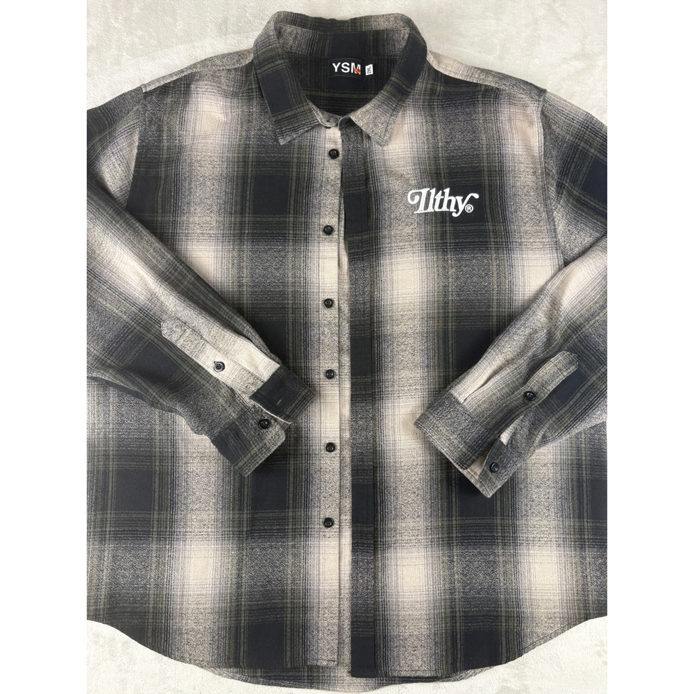 Ilthy x YSM Shaka Wear Mens 2XL Ombre Plaid Flannel Shirt Black Grey Streetwear